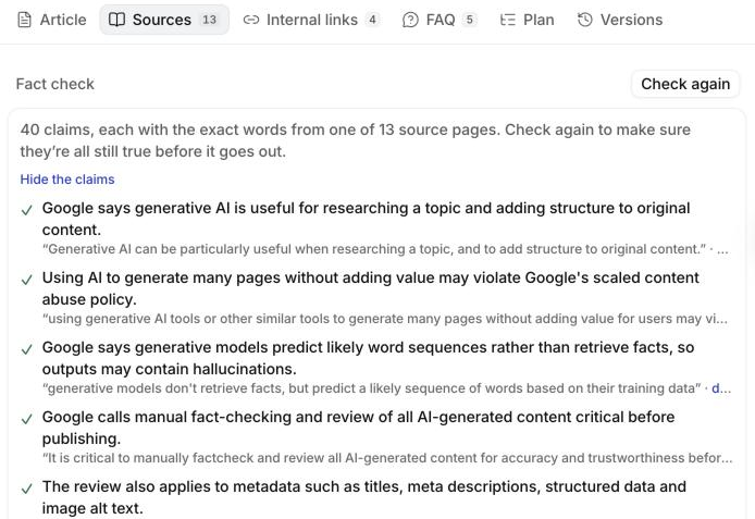 The Sources tab: each fact with the exact words on its page